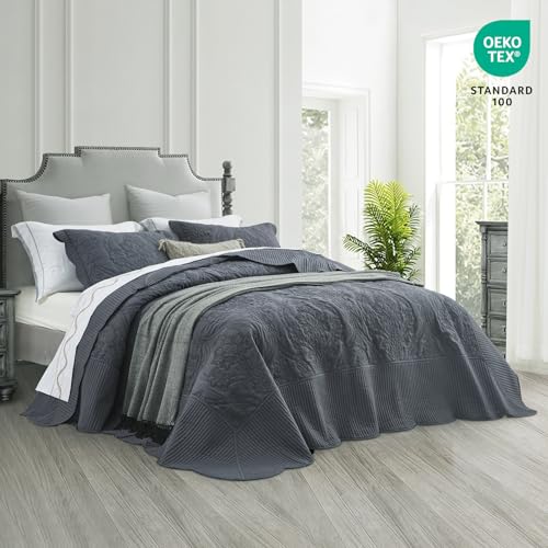 Image of CHIXIN Bedspread Coverlet Quilt Set Full Size - Lightweight Bedding Cover - Beautiful Stitching - 5 Piece Reversible Bedspread - Gorgeous Damask Paisley Pattern (Full, Dark Grey)