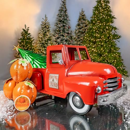 Image of Zaer Ltd. Metal 18.5 inch Long Multi-Seasonal Christmas and Harvest Pickup Truck with Metal Tree, Pumpkins, and Matching Side-Magnet Sets (Glossy Red)