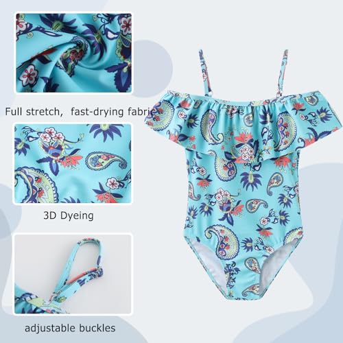 Image of Girls One Piece Swimsuits Off Shoulder Bathing Suit Kids Hawaiian Floral Swimwear 3-16 Years