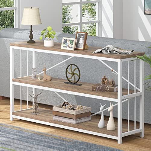 LVB Farmhouse Entryway Table, Wood Metal TV Console Table, Long Rustic Sofa Table, Modern Accent Hallway Table with Storage Shelves, Industrial Entry Foyer Table for Front, White and Rustic Oak, 55 In