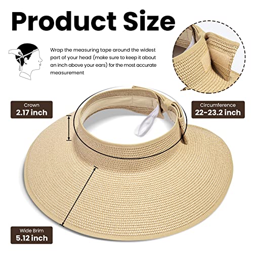 Simplicity Women Travel Straw hat w/ Wide Brim Roll-up Sun Visor, Beige Brown Mix - Thumbnail 4