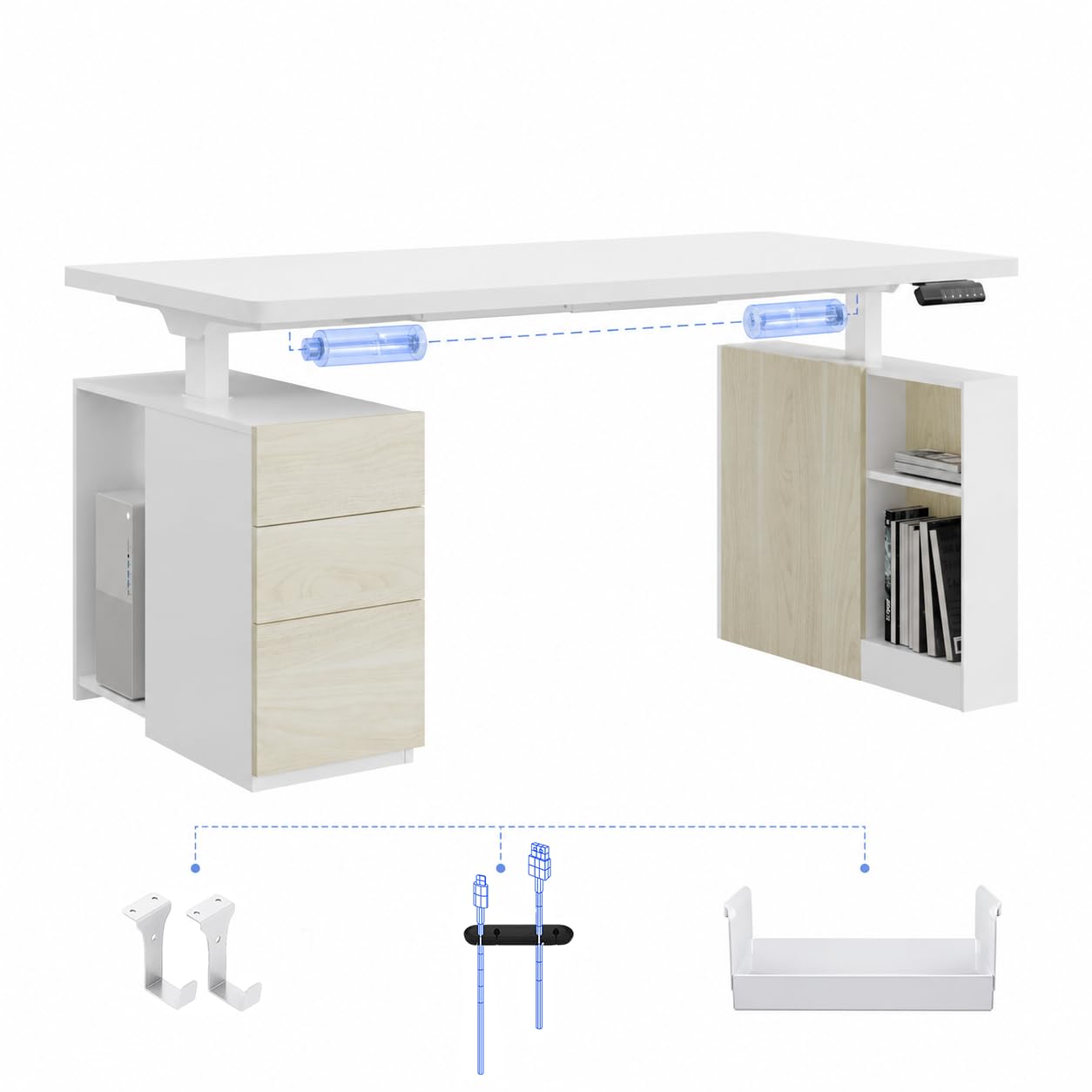 FLEXISPOT Escritorio Elevable Eléctrico 160x80cm con Cajón Lateral Modular, Compartimentos, Cajones y Soporte Fijo para PC, Altura Regulable, Estilo Ejecutivo para Oficina y Estudio Profesional Blanco
