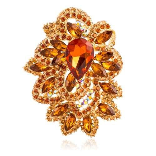 Image of LAXPICOL Big Large Women's Vintage Austrian Crystal Elegant Flower Teardrop Brooch Gold Tone