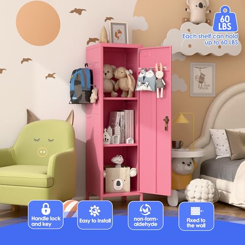 Image of SUPEER Pink Metal Locker with Lock, Pegboards and 5 Hooks, 54.45 inch H | 15 inchW x 15 inchD steel locker with keyed lock, 2 door pegboards, 5 hooks, ventilation openings and required assembly.