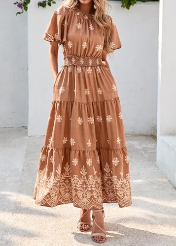 KIRUNDO Maxi Dresses for Women 2025 Floral Short Sleeve Spring Summer Smocked Waist Round Neck Flowy Beach Vacation Dress3