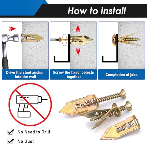 Image of 100Pcs Self Drilling Drywall Anchors with Screws Kit, 2 Sizes Sheetrock Anchors & 3 Sizes Expansion Screws, Zinc Plated Steel Drywall Anchors No Drilling Required Holds Up to 66lbs