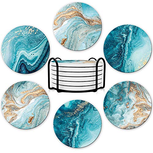 Comparison: Best Coasters For Cold Drinks 11 Dooke Coasters for Drinks, Round Absorbent Ceramic Stone Coasters Set of 6 with Cork Base,Funny Coaster with Holder for Cold Drinks Wine Mugs and Cups Tabletop Protection, 4 Inches,Teal Marble