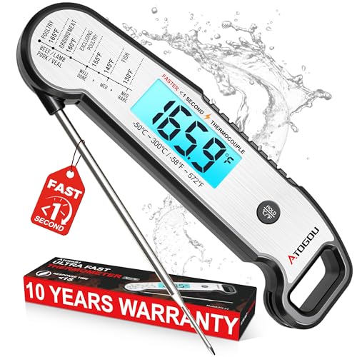 Image of Atogou Professional Meat Thermometer Digital, Silver | <1 Sec Instant Read & ±0.5℉ Accuracy, IP67 Waterproof, Thermocouple Sensor Probe, for Kithchen, BBQ, Grill for Men Him Dad