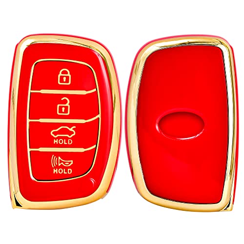 Image of KMH TPU Car Smart Key Cover Compatible for Hyundai Alcazar Creta Venue i20 Tucson Elantra, 4 Push Button Smart Key Shell Case Holder, Pack of 2 (Black & Red Gold)