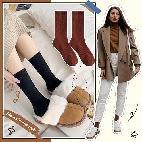 Image of EBMORE 5 Pairs Women Merino Wool Boot Socks Warm Thermal Winter Thick Hiking Cozy Cabin Crew Comfy Socks for Ladies