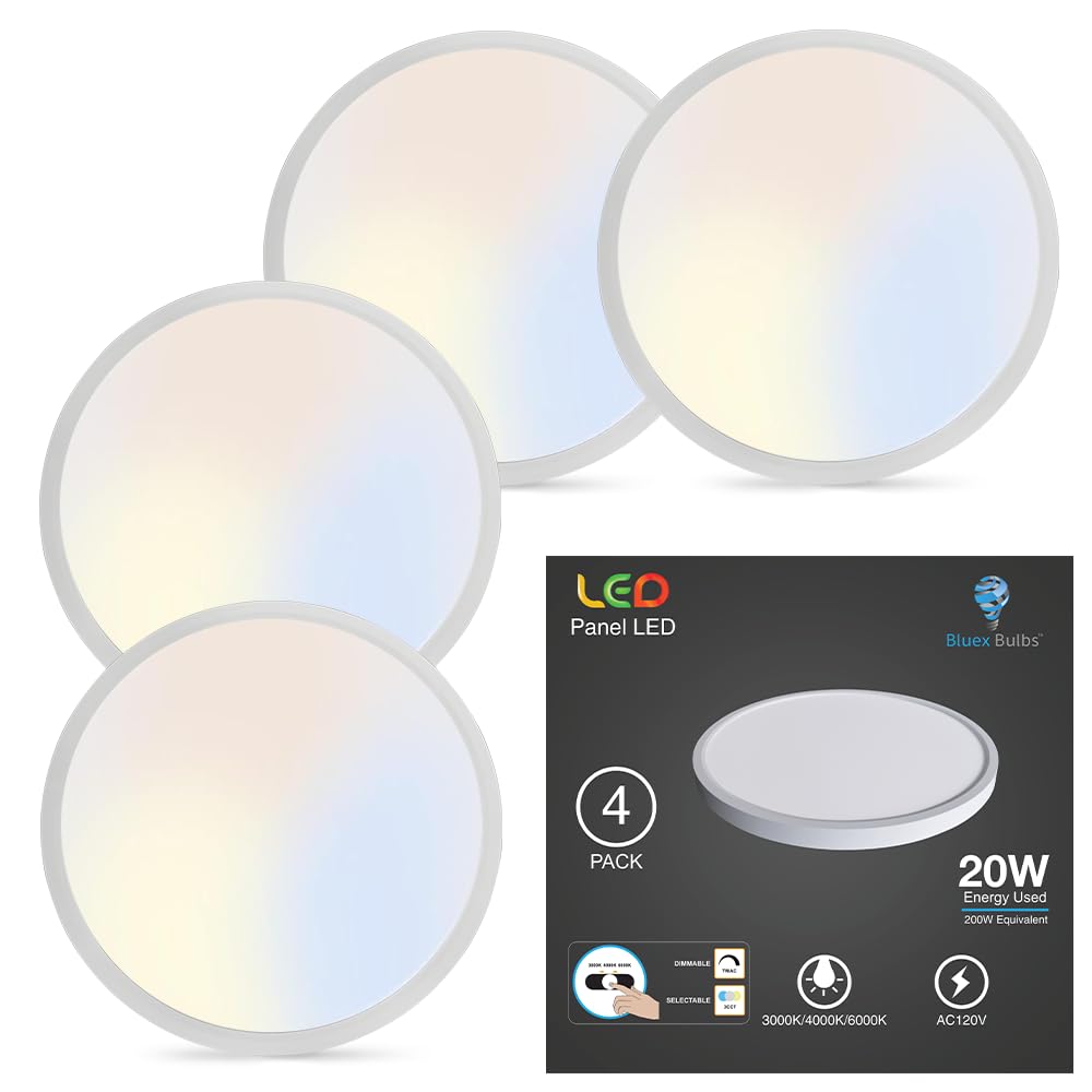 Bluex Bulbs 4 Pack 9 Inch Flush Mount LED Ceiling Light - Dimmable 20W 2000 Lumens 120V - 3 Color Temperatures in One (3000K/4000K/6000K) Slim White Surface Mount LED Light Fixture Bedroom Kitchen