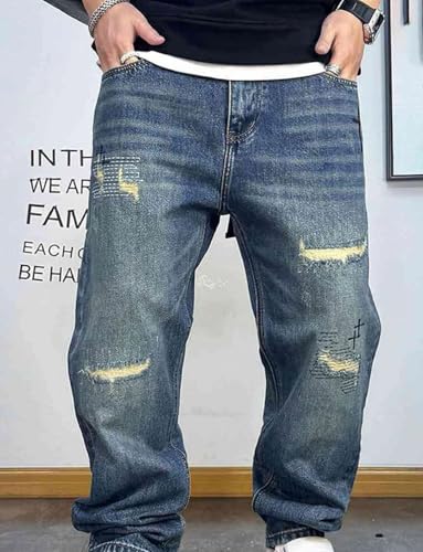 Men’S Vintage Hip Hop Ripped Straight Leg Pants Button Fly Midweight Distressed Washed Patched Casual Full Length Jeans2