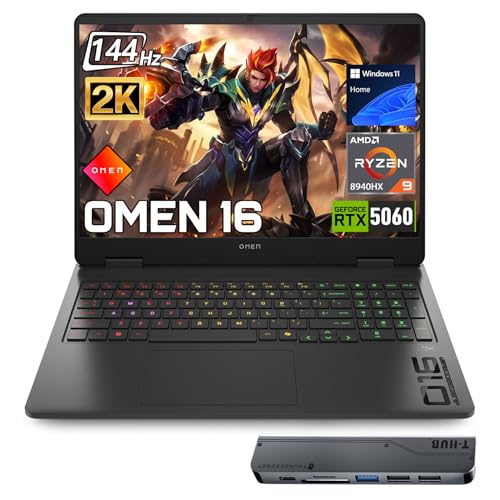 Image of HP Omen RTX 5060 Gaming Laptop, 16.1 inch FHD+ 144Hz, AMD Ryzen 9 8940HX, 64GB DDR5 RAM, 4TB SSD, RGB Backlit KB, RJ-45, Bundle with Thunderobot 7 in-1 USB-C Hub, Black, Windows 11 Home
