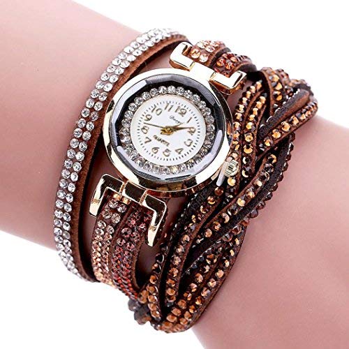 Hunputa Women Luxury Crystal Women Gold Bracelet Quartz Wristwatch Rhinestone Clock Ladies Dress Gift Watches (Brown)