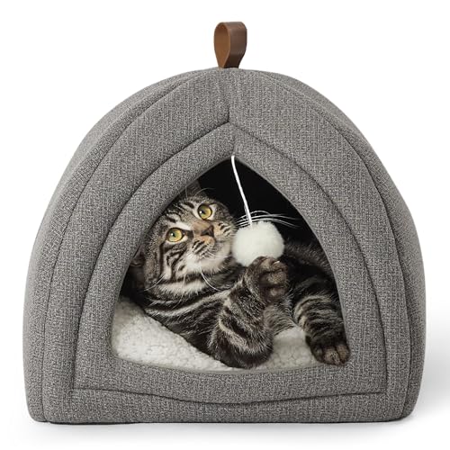Bedsure Cat Beds for Indoor Cats - 2 in 1 Cat Cave House Tent for Kittens and Small Pets with Removable Washable Cushioned Pillow Foldable Kitten Hideaway with Non-Slip Bottom Grey 16 inches