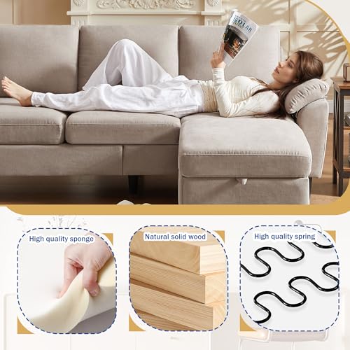 80" Convertible Sectional Sofa, Small L Shaped 3 Seat Couch with Reversible Storage Chaise, Modern Polyester Fabric Sofa Couches for Living Room, Apartment and Small Space, Beige - Image 4