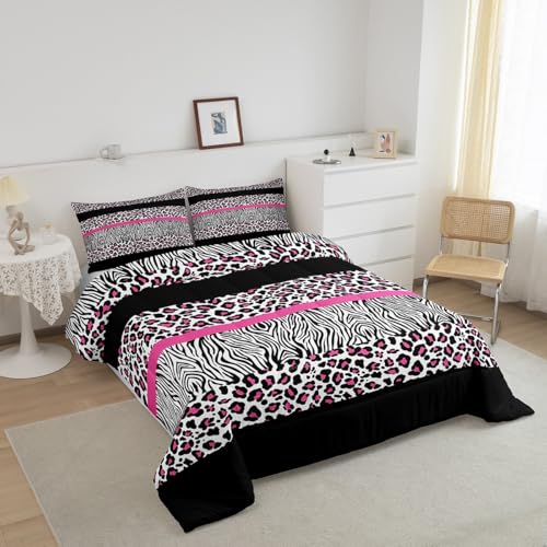 Image of Feelyou Pink Leopard Comforter Set Queen Size, Zebra Print Comforter for Kids Boys Girls Pink Black Bedding Set Safari Animal Duvet Insert Bed Set 3Pcs