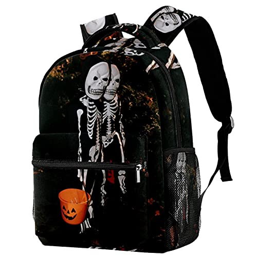 Sac à dos motif squelette Halloween étanche avec porte-gourde pour excursions scolaires ado