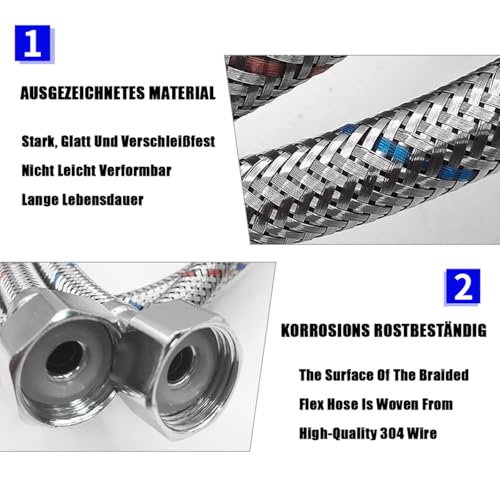 NUWIQ 2 Stück Flexschlauch Verlängerung 60cm, G3/8 X M10, Wasserhahn Schlauch, Silber, für Mischbatterie