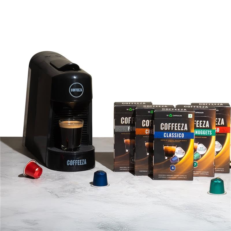 COFFEEZA Finero Next Capsule Coffee Machine (Black) + Variety Pack of 5 Blends (50 Capsules) – 20 Bar Pressure, Original Line Compatible – Ideal Gift for Coffee Lovers