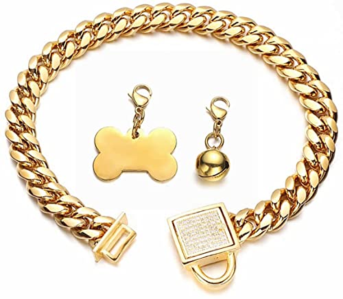 Aiyidi Gold Cuban Chain Dog Collar Bling Cubic Zirconia Secure Buckle, Stainless Steel Chain Dog Collars Walking Training, Width 10mm,Length 10- 26inch (14inch), 14inch(for 11.6-13.5inch dog s neck)