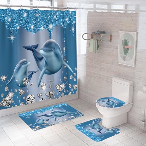 BIPOOBEE 4PCS Blue Dual Dolphin Diamond Shower Curtain Bathroom Set with Rugs, Toilet Lid Cover and Bath Mat, Shower Curtain with 12 Hooks for Bathroom Decor Set