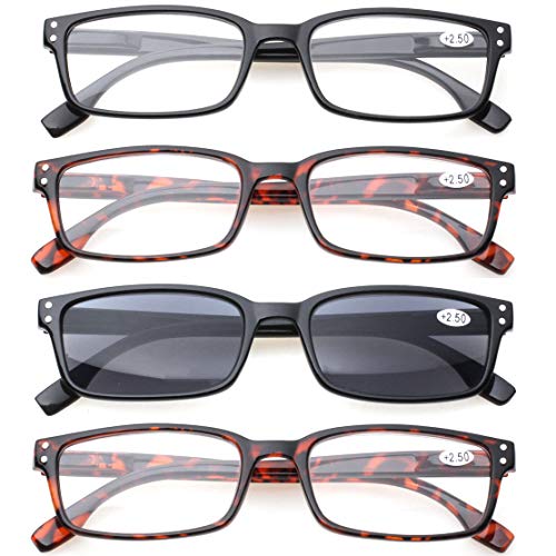 Image of Kerecsen 4 Pack Reading Glasses for Men and Women with Spring Hinges, Lightweight Black Rectangular Readers Eyeglasses (2Tortoise 1Black 1Gray Lens, 0.50)