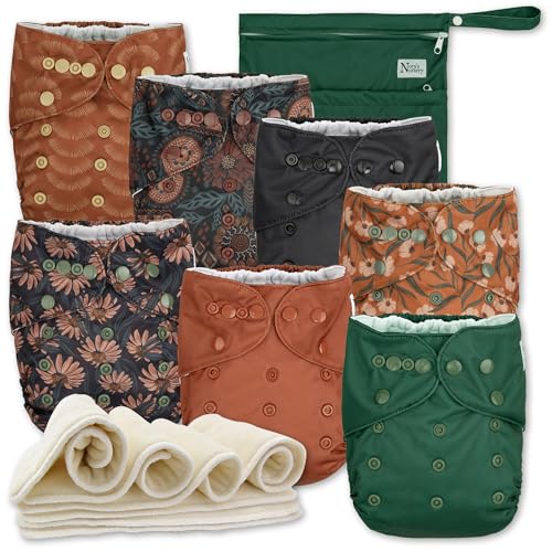 Image of Nora's Nursery AWJ Cloth Diapers 7 Pack with 1 Wet Bag - Waterproof Cover, Washable, Reusable & One Size Adjustable Pocket Diapers for Newborns and Toddlers - Dahlia