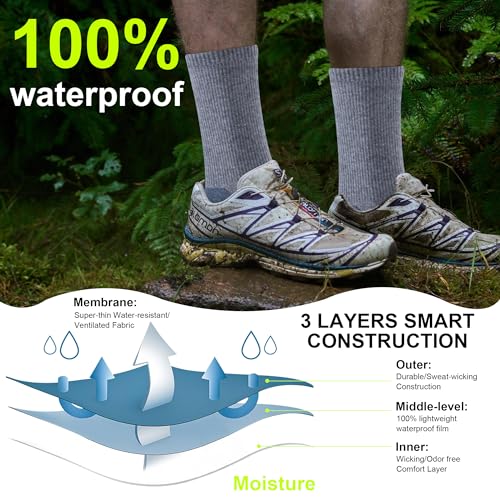 Merino Wool Waterproof Socks, Unisex Waterproof Hiking Socks Cushioned & Moisture Wicking Waterproof Socks, 1 Pair3