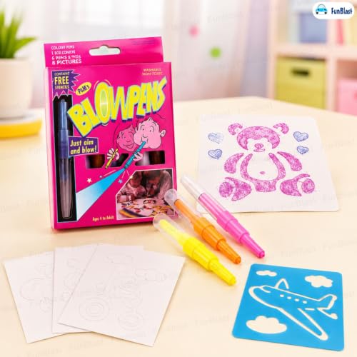 Image of FunBlast Blow Pens - Magical Coloring Spray Blow Pens for Kids Children, Pack of 6 Pcs Spray Blow Marker Sketch Pen for Kids, Fun Drawing Arts Crafts Colour Pens for Return Gifts, Multicolor