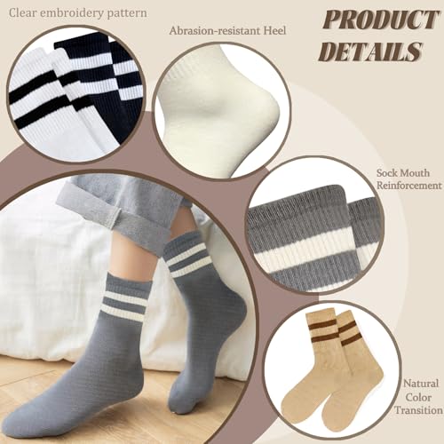 Image of 8 Pair Women's 2-Stripe Crew Socks Casual Athletic Socks for Women Girls