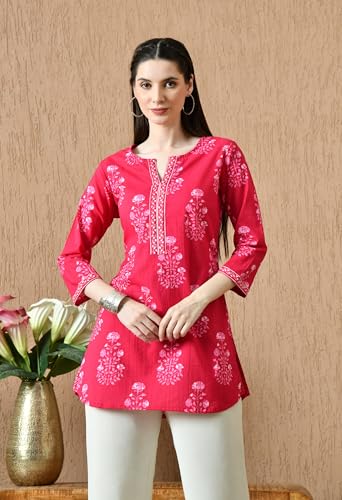 Image of Amazon Brand - Tavasya Women Floral Printed Round Neck Pure Cotton Regular Fit Kurti | Everyday & Office Wear Kurta | Modern Ethnic Top