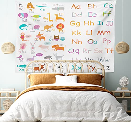 Lunarable Zoo Tapestry, Colorful Alphabet Zoo Letters Learn To Read Mr.bear Tiger Iguana Monkey Unicorn Ant, Fabric Wall Hanging Decor For Bedroom Living Room Dorm, 45" X 30", Multicolor #TOP4