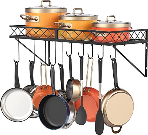 Image of Craft Expertise Wall-Mounted Pot & Pan Rack - Heavy-Duty 25 inch x 10 inch x 5 inch Metal Cookware Organizer with 10 Hooks | Space-Saving Hanging Shelf for Saucepans & Utensils - Black