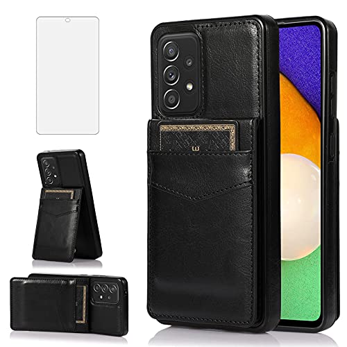 Asuwish Phone Case for Samsung Galaxy A52 5G/4G with Tempered Glass Screen Protector Credit Card Holder Wallet Cover Stand Leather Cell Accessories Glaxay A 52 G5 Gaxaly 52A S52 Cases Women Men Black