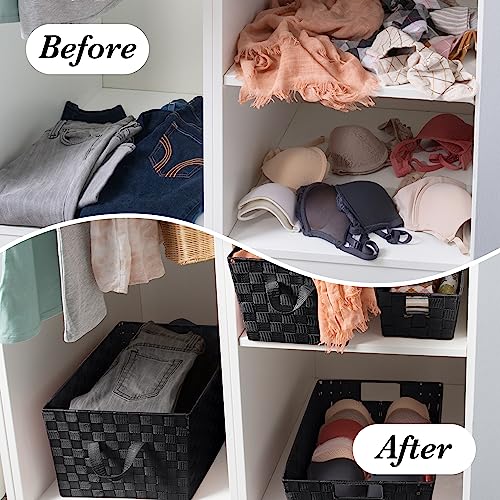 Image of Simplify Small Shelf Woven Strap Tote | Decorative Storage Basket | Built in Handles | Organization | Closet | Bedroom | Bathroom | Nursery | Accessories | Toys | Gifts | 4 Pack | Black