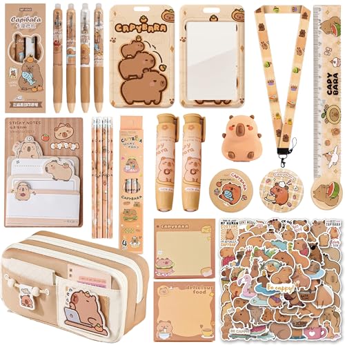 RHUIOKJLDF Cute Capybara Stationery Gift Set ballpoint pens pencil cse sticky notes pencil sharpenerrulerBadgepencilID badge holder with lanyarderasers