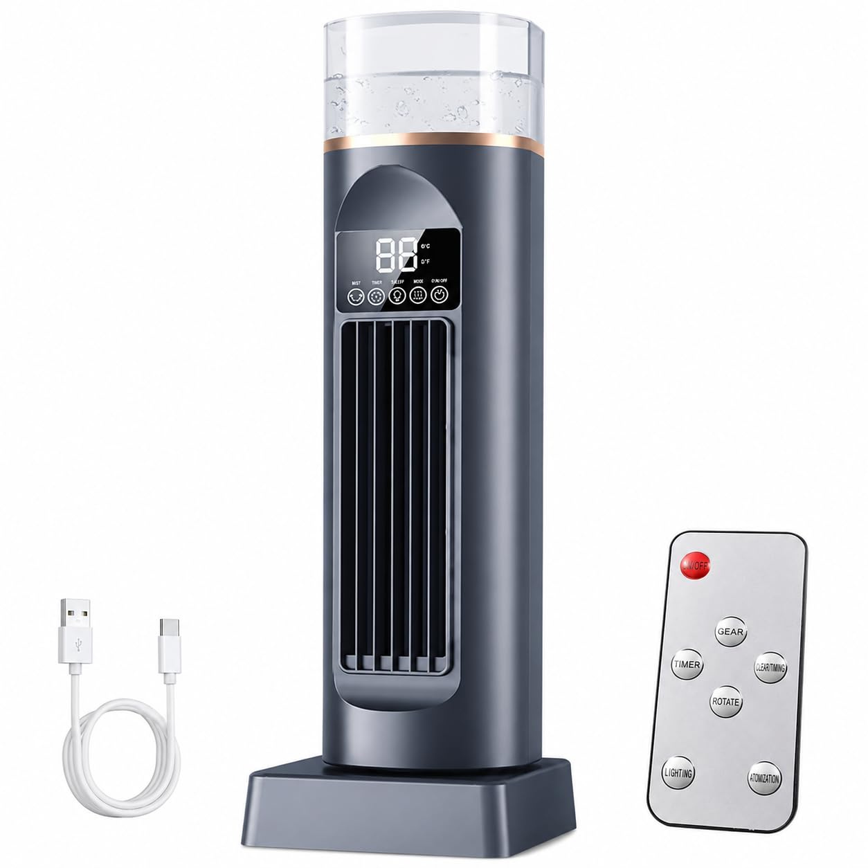 HXYSXHJUO Portable Evaporative Air Cooler Tower, Quiet Cooling Fan with Mist & 7-Color Night Light, 6 Speeds, Auto-Oscillation, Timer, Remote Control, USB Desk for Bedroom Home Office (Black)