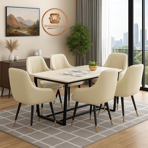 Image of Premium Wooden Dining Table 6 Seater | Marble Epoxy Finish Six Seater Dinning Table Set with 6 Upholstered Leatherette Dining Chairs & Metal Legs | Table Top: Premium HDMR Wood, Cream