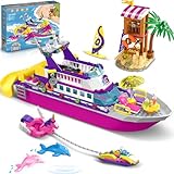 HOGOKIDS Boat Building Set with LED Light - Floatable Cruise Ship Building Toys with Beach Water Scooter & Dolphins Watchtower Blocks Friends Playset Gifts for Kids Girls Boys Ages 6-12 Years（501 PCS）