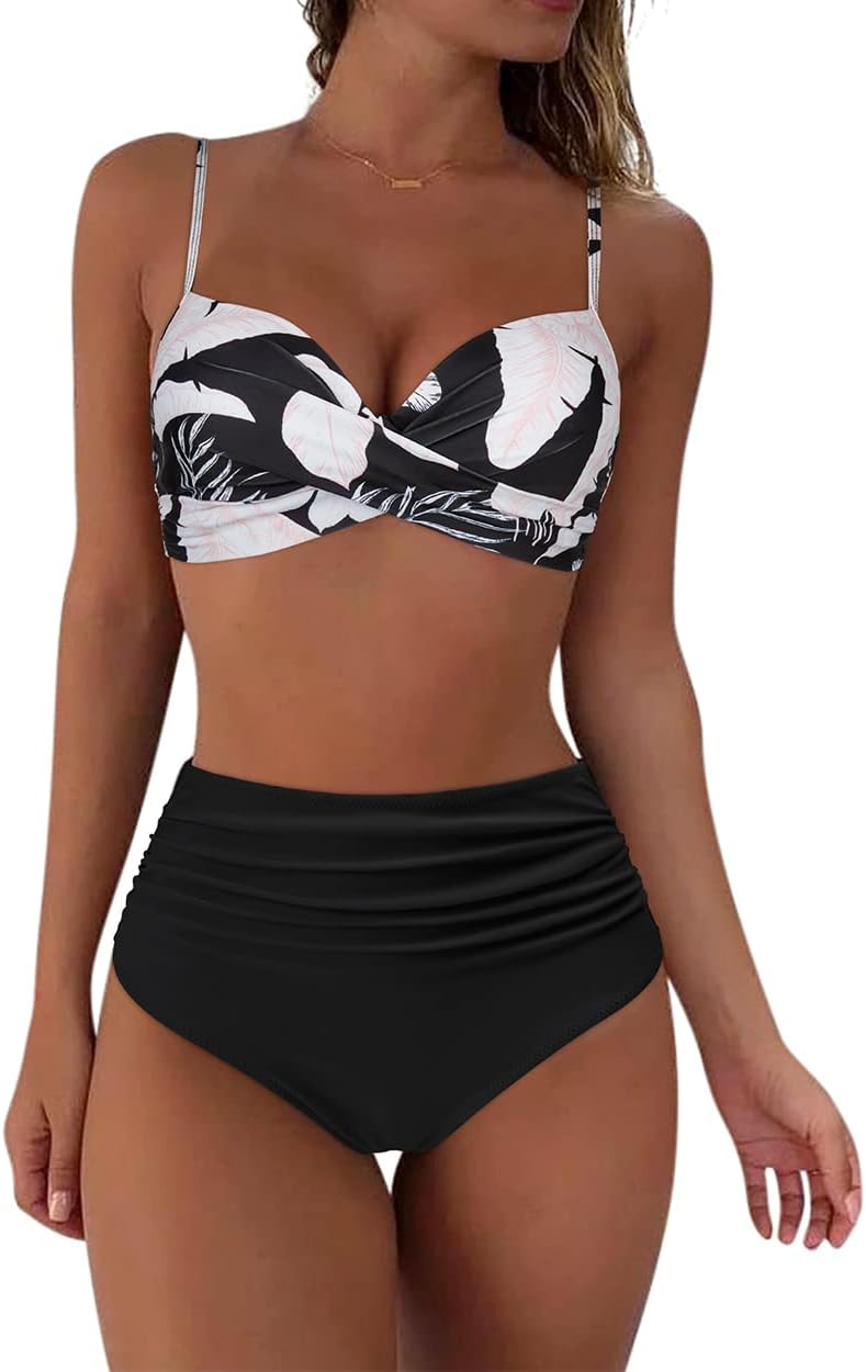 RXRXCOCO High Waisted Bikini Set Push Up Bikini Top with Tummy Control Bikini Halter Neck Underwired Padded Bikini 2 Piece