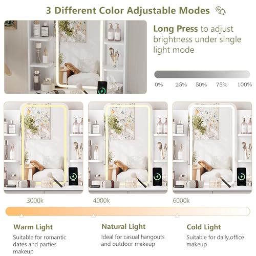 Image of HUANLEGO Small Pink Vanity Desk with Mirror and Lights for Women Girls | Vanity Mirror with Lights, 3 Lighting Adjustable, LED Light Strips, Built-in Power Outlet, Compact Dressing Table For Girls