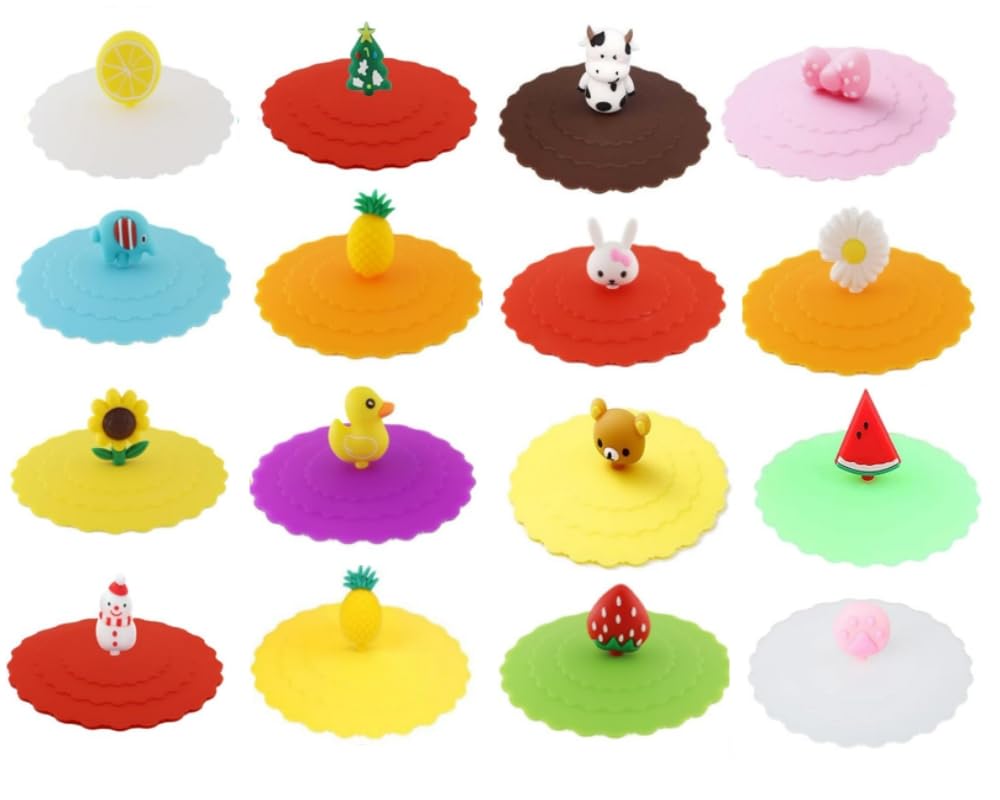 Hitopin 16 Pieces Cartoon Silicone Glass Cup Cover, Reusable Anti-dust Cup Covers, Creative Round Mug Cover, Food-grade Silicone Drink Glass Cup Lids, for Coffee Beer Mug Cup Drinking Glasses Home