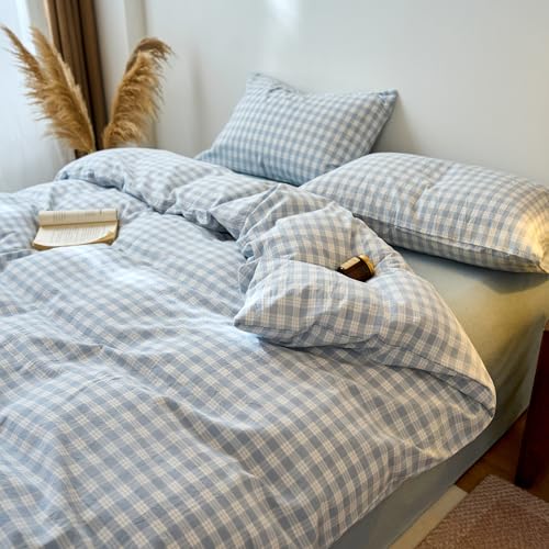 Image of EAVD Vintage Style Blue&White Plaid Gingham Duvet Cover Full Soft 100% Washed Cotton Chic Grid Checkered Bedding Set with 2 Pillowcases Farmhouse Blue Plaid Duvet Cover with Zipper Closure