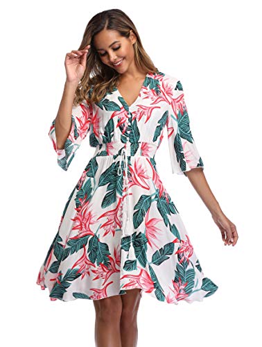Image of VintageClothing Women's Floral Sundresses Flowy Boho Summer Beach Dress | Lightweight Breathable material,Elegant V Neck and Button Front Design,Flared Bell Sleeve Cut,Mini Casual dress