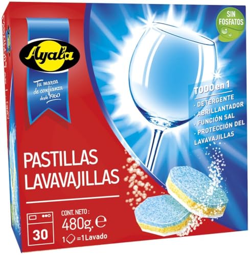 Pastillas Lavavajillas Todo en 1-30 Unidades, Sin Fosfatos, Detergente, Abrillantador y Función Sal, Protección del Lavavajillas