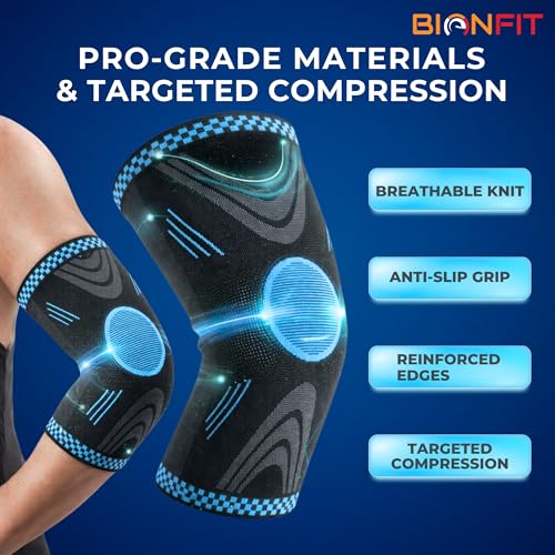 Image of BIONFIT Elbow Support Sleeve Pair for Men & Women | Compression Elbow Brace for Gym, Weightlifting, Tennis & Pain Relief | Breathable Anti-Slip Elbow Support