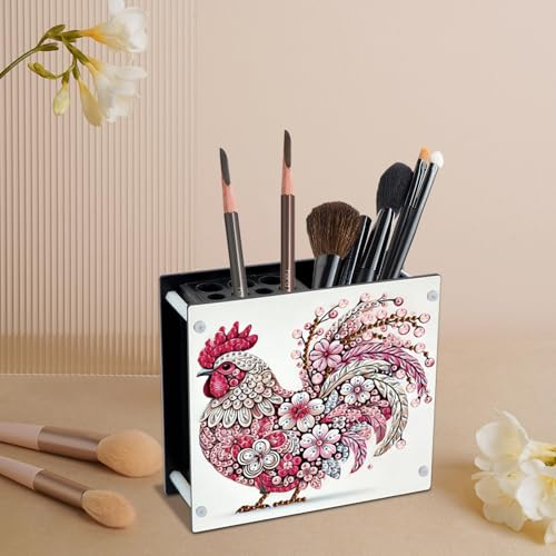 Image of Pink Rooster Diamond Art Pen Holder, Diamond Painting Pencil Organizer, DIY 5D Acrylic Crystal Rhinestones Art Desk Organizer Pencil Cup for Home, Office, and Craft Storage