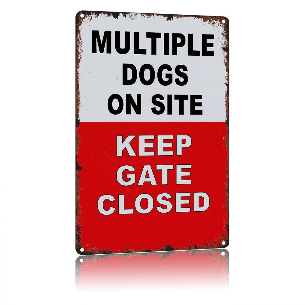 peiyeety Multiple Dogs On Site Keep Gate Closed Warning Sign, 12x8 Inch Vintage Aluminum Metal Tin Sign, Retro Rust Proof Wall Decoration Sign for Outdoor Yard Garden Fence Gate Farm