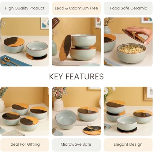Image of The Earth Store Mint Marble Ceramic Bowl with Lid Set of 2, 580ML | Multipurpose Coaster /Lid | Dishwasher & Microwave Safe Bowl | Ideal for Rice, Dal, Fruits, Salad, Snack, Mixing Bowl